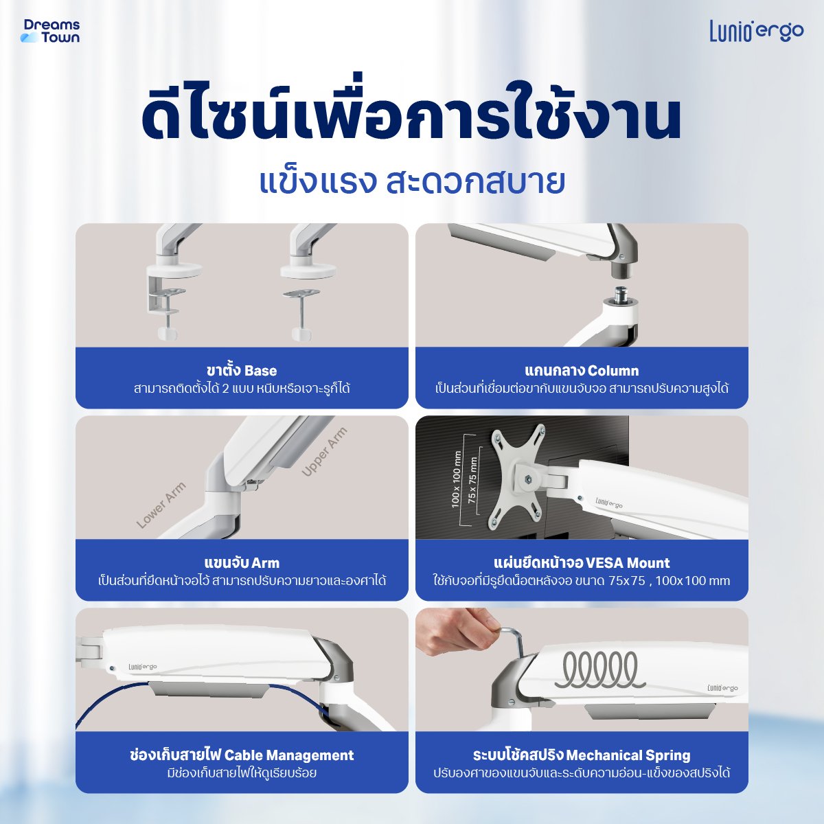 แขนจับจอ LUNIO ERGO MONITOR ARM CYBOT สีขาว 2 แขน หมุนได้360°_2